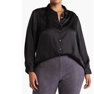 T Tahari Satin Long Sleeve Shirt Black 1X